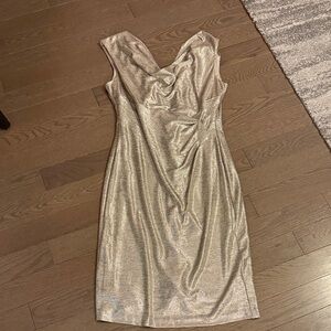 Sleeveless Shimmer Cowl Neck Midi Dress in Gold